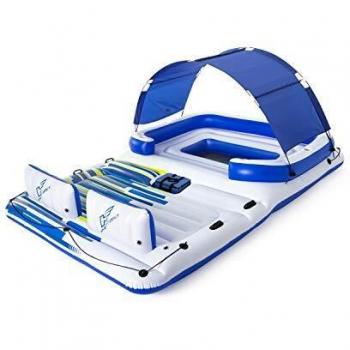 Bestway Isla Flotante Tropical Breeze 389x274 cm 43105 - Cochoneta de verano, diseño tropical, capacidad para varias personas, material resistente al agua, incluye soportes inflables y válvulas de seguridad