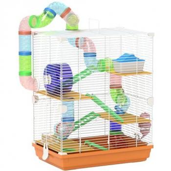 Jaula para Hámster PawHut Casa para Animales Pequeños con Túnel, Plataformas, Cuenco, Bebedero, Casita, Rampas y Rueda de Ejercicio 46x30x58 cm