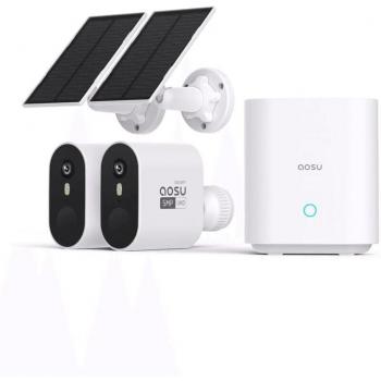 Cámara de Vigilancia Exterior WiFi Solar AOSU 3K, 5MP, 2 Cámaras Inalámbricas, Visión Nocturna a Color, Ángulo de Vista de 166°, Audio Bidireccional