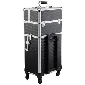 HOMCOM Maleta de Maquillaje Profesional Maletín de Comésticos Desmontable con Ruedas Universales Bandejas Desplegables con Cerradura Fácil de Transportar 36x24x79-107cm Negro