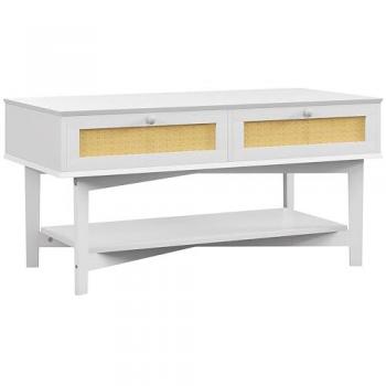 HOMCOM Mesa de Centro Blanca con 2 Cajones Decorativos de Ratán y Estante de Almacenamiento, Carga 50 kg, Dimensiones 100x50x50 cm