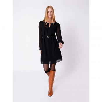 Naf Naf - Vestido corto escote redondo con cinturón y hebilla, manga larga semi transparente
