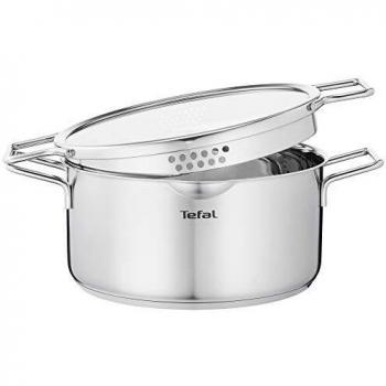 Tefal Nordica Cacerola 24 cm acero inoxidable, capacidad de 5 L, tecnología full induction, diseño minimalista, tapa de cristal, apta para gas, vitrocerámica, eléctricas e inducción, apto para horno