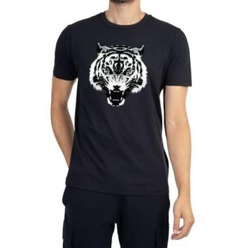 Camiseta Regular Fit de Jersey de Algodón Negro con Estampado de Tigre para Hombre