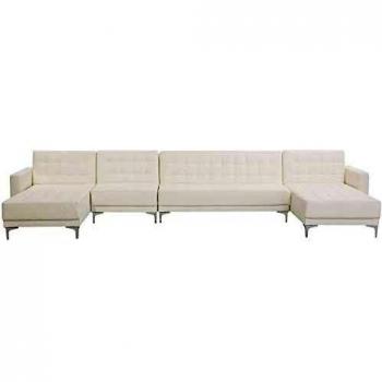 Sofá XXL en forma de U 6 plazas de piel sintética blanco plateado con chaise longue Aberdeen