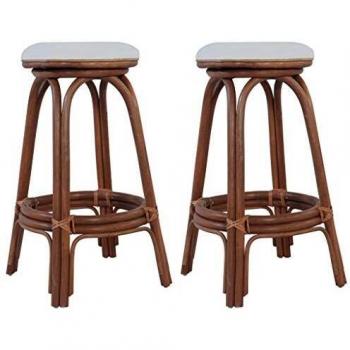 vidaXL 2X Taburetes Altos Cocina Bar Barra Ratán Natural Asiento Tapizado Tela Acolchado Reposapiés Set 2 Sillas Altas Redondas Mimbre Crema Marrón