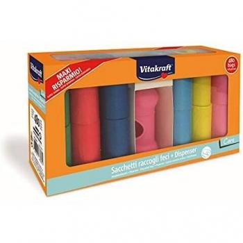 Vitakraft - Pack de Bolsas Higiénicas de Colores con Dispensador en Forma de Hueso - 24 Rollos de 20 Unidades