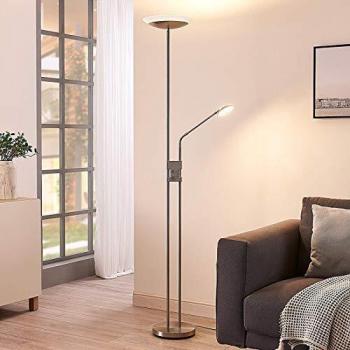 Lindby Lámpara LED de pie Jonne con brazo de lectura, diseño moderno en gris, fabricada en metal, ideal para salón y comedor, cuenta con 2 fuentes de luz
