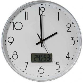 Reloj Bismark Oficina Blanco con Digital - Números Negros - Cristal Exterior - Manecillas de Aluminio - Marcador Digital de Temperatura y Humedad - Color Blanco