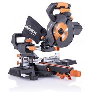 Evolution Power Tools R185SMS+ Compound Saw with Multi-Material Cutting, 45 Degree Bevel, 50 Degree Mitre, 210 mm Slide, 1200 W, 210 mm, 230 V,