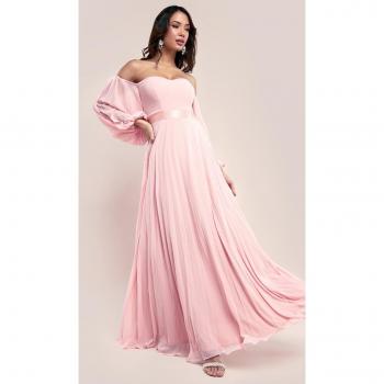 Goddiva Bardot Chiffon Pleated Maxi Dress - Blush