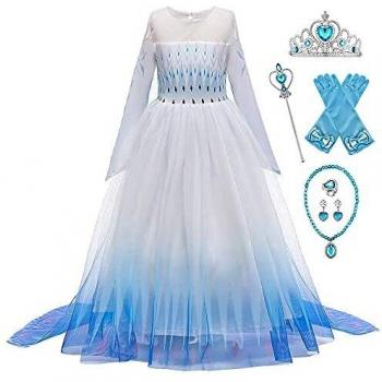 New Front Disfraz de princesa Elsa para niña vestido de princesa de 2 mangas largas disfraz y accesorios de Navidad, Halloween, cumpleaños vestido de cosplay corona Blanco 6 unidades., 150 cm