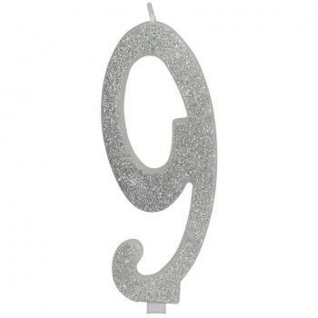 Vela Escarchada Plata Número 9, de 12.5 cm