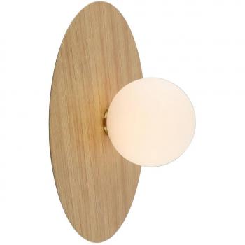 Aplique de pared Lindby Zain, color madera/blanco, cristal, diámetro 33 cm, tipo de bombilla G9