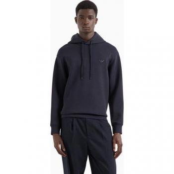 Emporio Armani Men's Blue Hoodie with Tone-on-Tone Eagle Logo, Size L