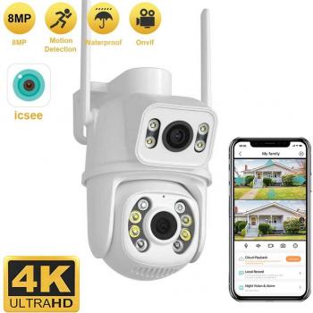 Cámara de Seguridad Wifi PTZ 8MP 4K, Doble Lente, Doble Pantalla, Detección Humana AI, Seguimiento Automático, Vigilancia Exterior Inalámbrica iCSee 4MP SIN
