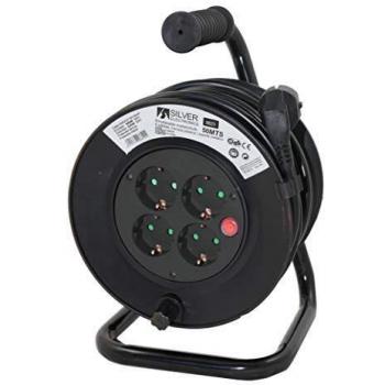 Silver Electronics 8823 Enrollacables de 50 Metros con 4 enchufes, Negro