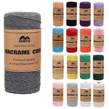 SUNTQ Cordón de macramé Algodón de poliéster trenzado de 4 hilos 4mm x 100m Cuerda de algodón suave para colgar plantas artesanales Colgar artesanías, decoración de tejer, gris oscuro