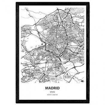 Póster Mapa de Madrid - España en Color Negro, Lámina A4 con Mares y Ríos