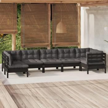 Conjunto de sofás de jardín 7 PCs con cojines de pino negro sólido