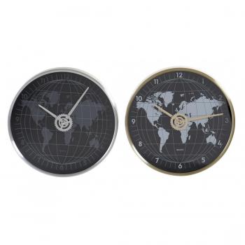 Reloj de Pared DKD Home Decor Negro Dorado Plateado Aluminio Cristal Mapamundi 30 x 4,3 x 30 cm (2 Unidades)