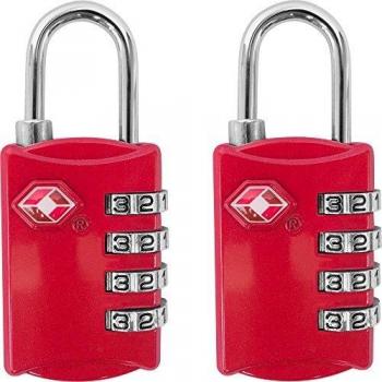 TSA Luggage Locks (2 Pack) - 4 Digit Combination Steel Padlocks - Approved Travel Lock for Suitcases & Baggage - Red