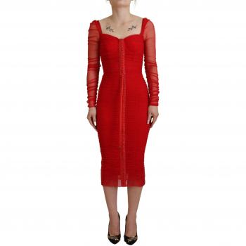 Dolce & Gabbana Red Mesh Trim Bodycon Sheath Midi Dress - IT36|XXS, Size: 3XS
