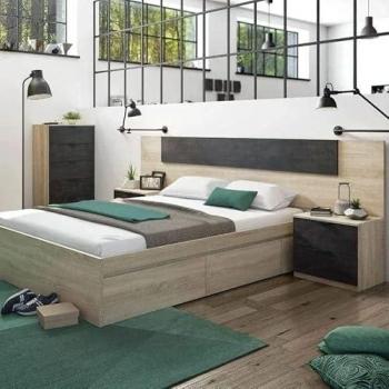 Pack de Dormitorio Andy Industrial con Armario en Roble Canadiense y Óxido (Cama + Cabecero + Mesitas + Cómoda)