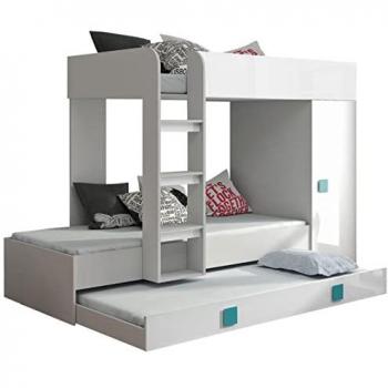 Litera Hartford 191 con cama extra, Aglomerado laminado, Blanco y Brillo Turquesa, 254 x 94 x 165 cm