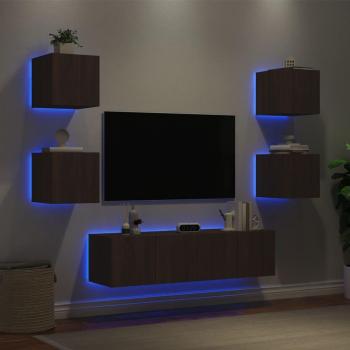 Muebles TV pared con LED 6 piezas madera ingeniería marrón roble