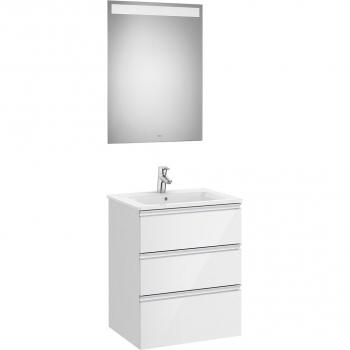 Conjunto de baño Roca The Gap con mueble de 3 cajones, lavabo central y espejo LED en blanco brillo