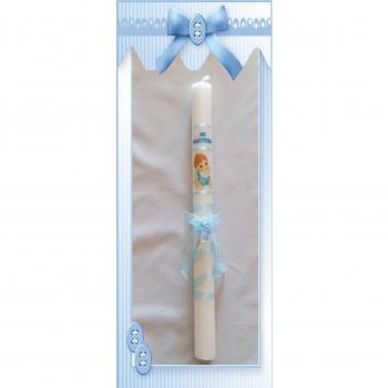 Vela para Bautizo NIÑO NIÑA DE Cera Blanca. Medida 3 x 40CM Decorada con Cochecito DE Madera, Cinta Organza Y Texto MI Bautizo Impreso