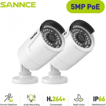 Cámara de Seguridad IP Exterior Super HD 5MP PoE con Grabación de Audio para NVR (Paquete de 2)