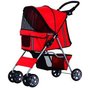 Cochecito plegable mascotas 75x45x97cm perros gatos carrito ruedas giran 360 rojo