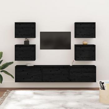 Mueble para TV de 7 piezas en madera maciza de pino color negro