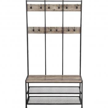VASAGLE Perchero Zapatero 4 en 1 con Banco Recibidor, 9 Ganchos Extraíbles, Barra Superior, Dimensiones: 33,7 x 72 x 183 cm, Estilo Industrial en Nog