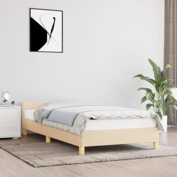 Cama con cabecero tapizado en tela color crema de 100x200 cm