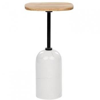 Mesa auxiliar redonda moderna con tapa de madera clara y base de metal efecto mármol blanco Oasis
