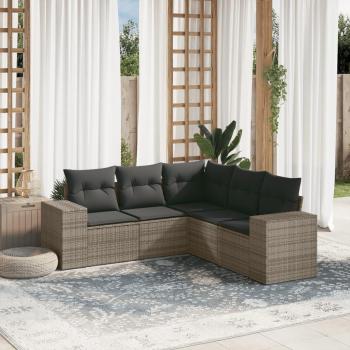 5-Piece Grey Poly Rattan Garden Sofa Set with Cushions