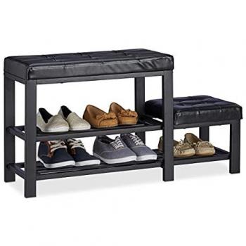 Banco Zapatero con Taburete, Asiento Acolchado, 2 Niveles, Piel Sintética y Metal, Negro, 50 x 90 x 30,5 cm