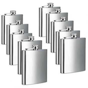 Set de 10 Petacas de Acero Inoxidable de 200 ml con Tapa de Rosca, Plateadas, Dimensiones 12 x 9 x 2 cm