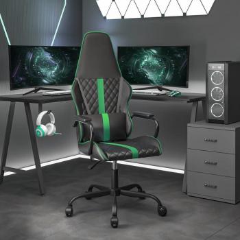 Silla de juego con masaje de cuero sintético verde y negro