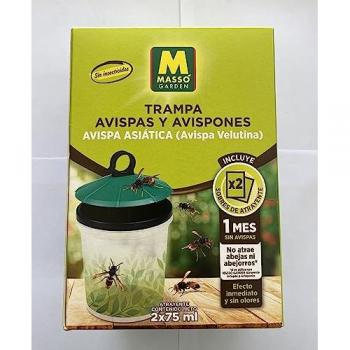 Trampa para avispas y avispones Massó con atrayente eficaz, incluye 2 sobres de atrayente de 75 ml, diseñada para el control de la avispa velutina