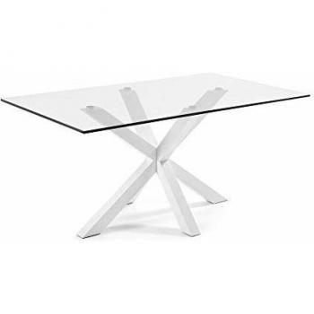 Kave Home - Mesa de Comedor Argo Rectangular 180 x 100 cm de Cristal y Patas de Acero en Blanco