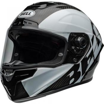 BELL Casco Integral Race Star DLX Negro-Blanco, casco integral de motociclismo, diseño aerodinámico, tecnología Flex para protección avanzada, sistema de ventilación optimizado, interior desmontable y lavable, calota compuesta