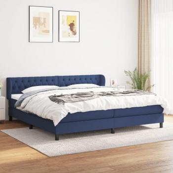 Cama Box Spring con Colchón Tapizado de Tela Azul 200x200 cm, Muelles Ensacados, Acolchado Reversible
