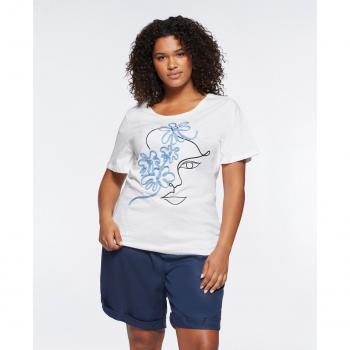 Camiseta Bordada de Mujer Fiorella Rubino con Flores y Cara, Manga Corta