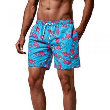 MaaMgic Hombre Bañador de Playa Tropical Vacaciones y Viajes en Verano con Bolsillos Azul Flamenco Rosa L