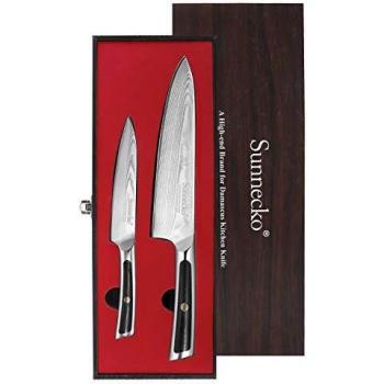 Sunnecko Juego de Cuchillos de Cocina Profesional Damasco 2 Piezas Set Cuchillo Cocina de 20 cm Gyuto Cuchillo Chef, un Cuchillo Multifuncional de 12,7 cm, Acero de Damasco Japonés VG-10 -Serie élite