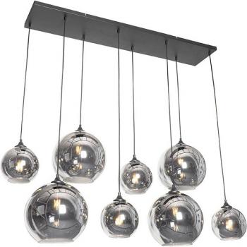 Lámpara colgante Art Déco negra con cristal ahumado 8 luces - Sandra, dimensiones 140 x 40 x 150 cm